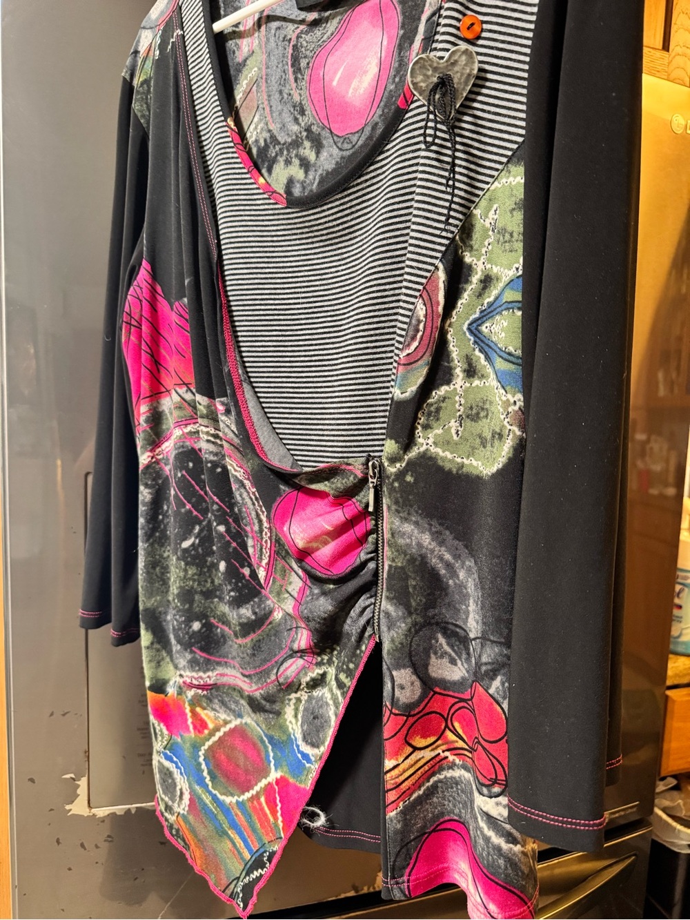 Colorful Bali Abstract Layered Tunic with zipper Pink Accents & heart size L